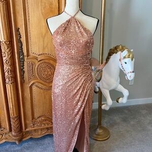 NWT Ieena Mac Duggal 27128 Halter Sequin Side Front Slit Copper Gown Size 4 $398